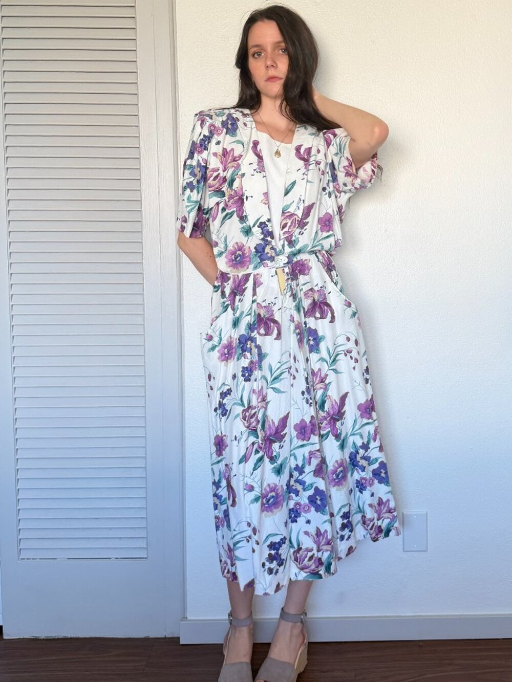 80s Floral Shirt Dress (L) large white purple vintage midi short sleeve preppy